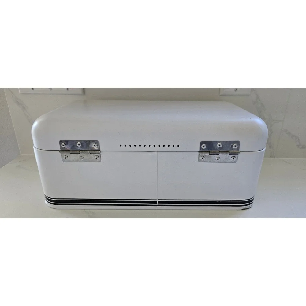 White Metal Bread Box Retro Countertop Storage Bin‎ with Hinged Lid and Stripes